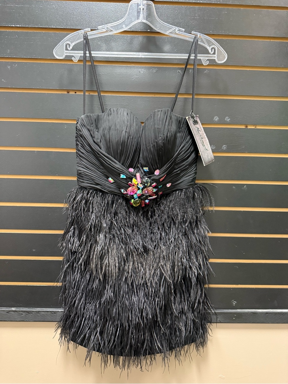 Y2K Mac Duggal Black Feather Jeweled Corset Mini Dress Size 4